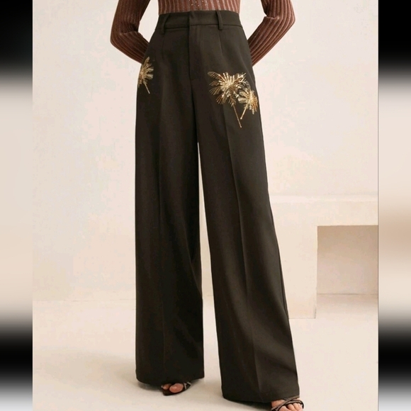 Straight-Leg Gold Palm Tree Beaded High Waisted Pants, New Year's Women - Picture 1 of 5